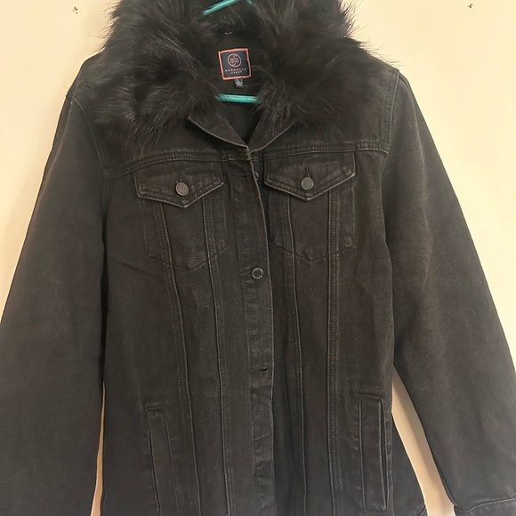 Boom Boom Jeans Black Denim Jacket with Faux Fur - Picture 1 of 7